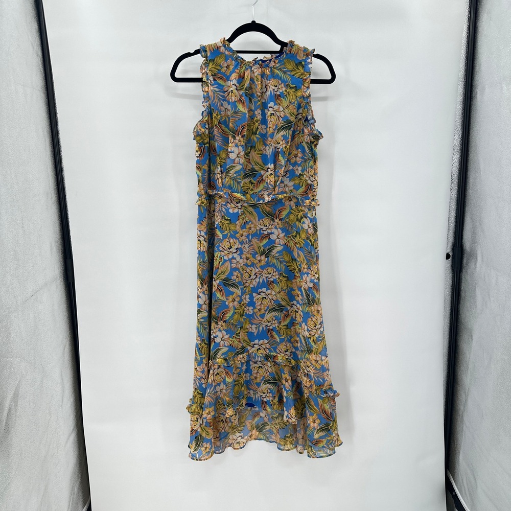 Julia Jordan Coastal Floral Dress size 8 Midi Tiered Ruffle Sleeveless Tropical